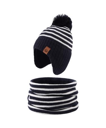 XIAOHAWANG Striped Winter Baby Beanie Knitted Hat Boys Girls Toddler Kids Warm Children Classic Beanie Hats 2-4 Years Navy(Hat+Scarf)