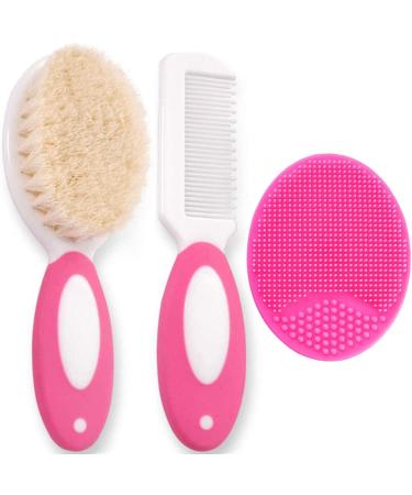 Baby Hair Brush and Comb Set for Newborns & Toddlers | Natural Soft Goat Bristles | with Silicone Cradle Cap Brush | Ideal for Cradle Cap | Perfect Baby Registry Gift (Rosered)