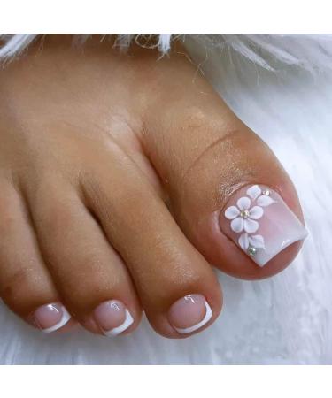 QINGGE Press on Toenails Pink Square Fake Toenails with Flowers Rhinestones Design French Fake Nails Acrylic Toe Nails for Women Glossy Toe Nail Tips Glue on ToeNails 24pcs A1 Pink White Flower