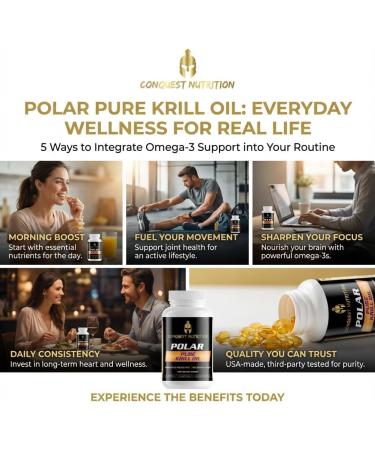 Conquest Nutrition Polar Pure Krill Oil. Phospholipid-Bound Omega-3 DHA EPA Astaxanthin. Support for Heart Brain Eyes & Comfortable Movement. Health & Wellness Support. 30 Softgels - Buy Online on GoSupps.com