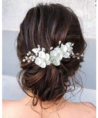 Prosy Bride Wedding Flower Hair Pieces Silver Bridal Pearl Hair Accessories Rhinestones Hair Comb Slides for Women and Girls - Buy Online on GoSupps.com