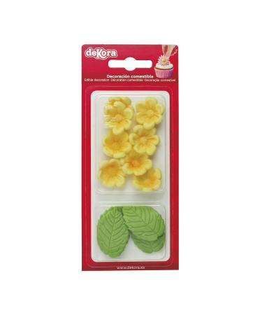 Dekora - Box of 8 Yellow Sugar Flowers and 5 Green Leaves - Edible Cake Toppers - Sugar Cake Decoration for Birthday Cakes
