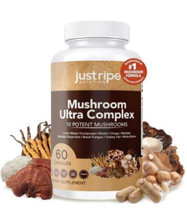 Just Ripe Nutrition Mushroom Ultra Complex - Reishi Cordyceps Lions Mane & Shiitake - Immune System Booster & Nootropic Brain Supplement - Enhance Memory and Focus - Stress Relief - 60 Capsules