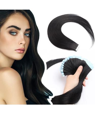 Elailite Human Hair Extensions Tape in #1 Black 20 pieces Invisible Glue Hair Extension Adhesive Strips Real Human Hair 25cm 20g