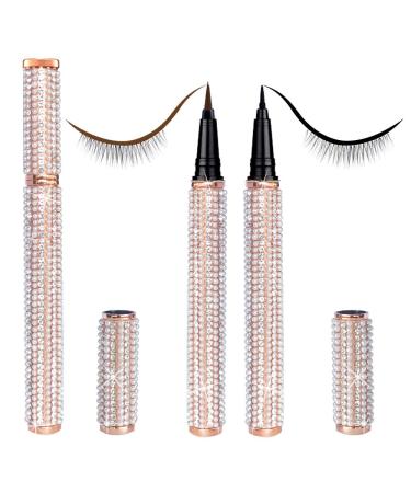 Eyelash Glue Pen Magic Self-adhesive Eyeliner Glue Lash Pen Upgraded 2 in 1 Eye Liner Pen Diamond Bling Glitter Liquid Eyeliner No Glue No Magnetic Twin-Black Brown