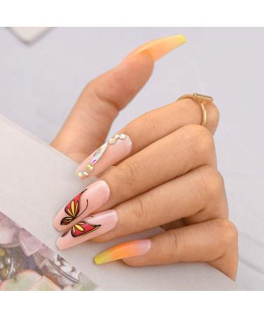Sethexy long gradient ballerina false nail pink orange butterfly coffin wrong fingernails shiny 24st acrylic art nail tips for women and girls