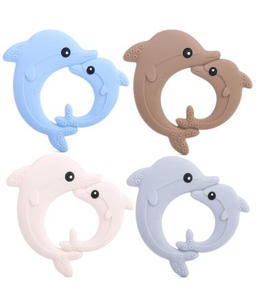 Teething Teether Toys for Babies 0-6 6-12 Months 4 Packs Gift Aitoustone Soft Dolphin BPA Free Teething Toy for Baby Chewing Relief Toys with Easy to Hold Handles