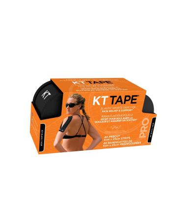KT Tape PRO 2 Pack Synthetic Elastic Kinesiology Therapeutic Tape 20 count - 10" Precut Strips (Jet Black)