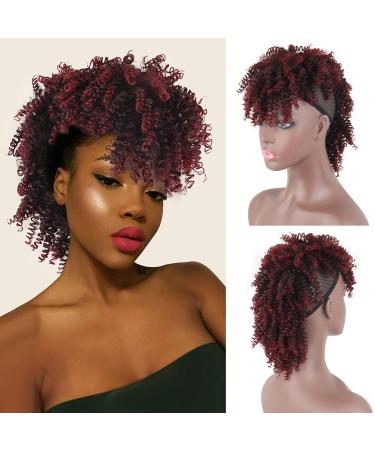 AISAIDE High Puff Afro Ponytail Drawstring,Short Red Curly Ponytail Extension,Mohawk Kinky Synthetic Hair Bun with Bangs,Wrap Updo Clip in Hair Extensions with Six Clips and Two Comb(1B/BUG)