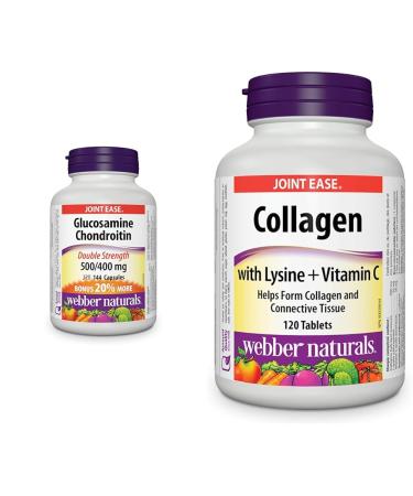 Webber Naturals Glucosamine Chondroitin Double Strength 144 Capsules Helps Relieve Joint Pain Associated with Osteoarthritis & Collagen with Lysine and Vitamin C 120 Tablets Helps Support Joints Glucosamine Chondroitin + Collagen