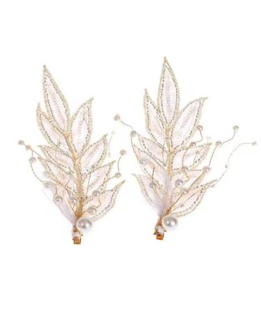 1 Pair Gold Fascinator Bridal Hair Clip Wedding Headband Hair Vine Headdress Pearl Feather Hair Piece Hair Pin Wedding Hair Accessories Bride Hair Clips for Prom Party