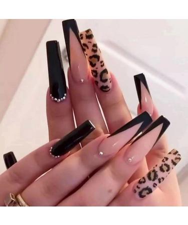 JUSTOTRY 24 pcs Leopard Fake Nails Long with Pearls Black French Press on Nails Patterns Ballerina Stick on Nails for Women Acrylic Coffin Medium False Nails with Glue for Nail Art black&leopard1