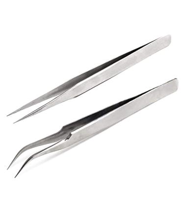 SurgicalOnline Tweezers for Eyelash Extension - Straight and Curved Pointed Tweezers - Professional Stainless Steel Precision Tweezers Set - 2 Pcs - (Silver)
