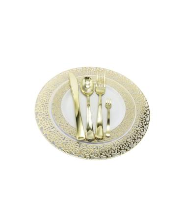 M Honor 25 Place Gold Lace Plastic Reusable Dinnerware Set for Weddings Parties and Dinners | 150 Piece