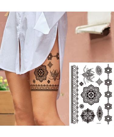 Black Henna Temporary Tattoos Set - Sexy Lace, Indian Mandala, Elephant, Flower Chain Designs - Waterproof Body, Arm, Face Decals for Wedding Party - 6 Sheets - Buy Online on GoSupps.com