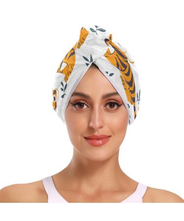Seamless Pattern with Cute Cartoon Tigers Hair Towel 2 Pack Super Absorbent Hair Drying Towel Quick Dry Hair Turbans Head Towel with Button Twisty Wrap for Women Girls