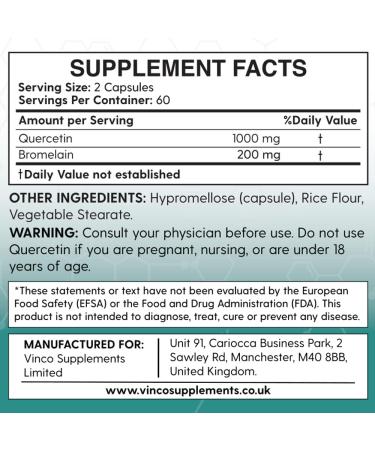 Vinco High Strength Quercetin Bromelain Supplement - 1000mg Quercetin & 200mg Bromelain - Immune System Support - Non-GMO & Gluten Free - 120 Capsules - Buy Online on GoSupps.com