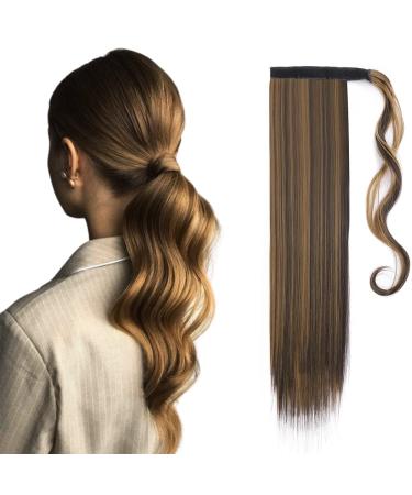 Ponytail Extension Wrap Around Long Straight Curly Clip in Ponytail Hair Extensions for Women Brown Black Blonde Hairpiece 23"-Straight Dark Brown & Sandy Blonde