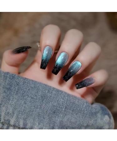 Long Coffin Green Gradient Long Press on Nails Cat Eye Acrylic False Nails Fake Nails Press On Nails for Women Stick on Nails for Women Cat Eye Press on Nails for Women. Gradient Coffin