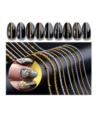 Lookathot 9pcs 3D Concise Metallic Chain Nail Art Stickers Decals 50cm Line Pattern Mixed Design Gold Silver Nail DIY Decoration Tools