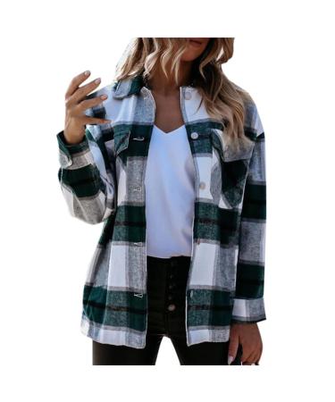 routinfly Women's Casual Plaid Button Down Wool Blend Shirt Jacket Spring Autumn Lapel Coat Trench Jacket Shacket Coat XL Green