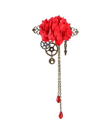 Eventerde Vintage Hair Pins Flower Hair Clips - Steampunk Gear Floral Hair Clip Brooch Vintage Gothic Chains Tassels Headwear with Tassel Red