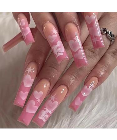 Runrayay Pink Love Press on Nails Lang nail tips for sticking on the nail artificial nails for women acrylic complete cover coffin 24-piece nail art kit q