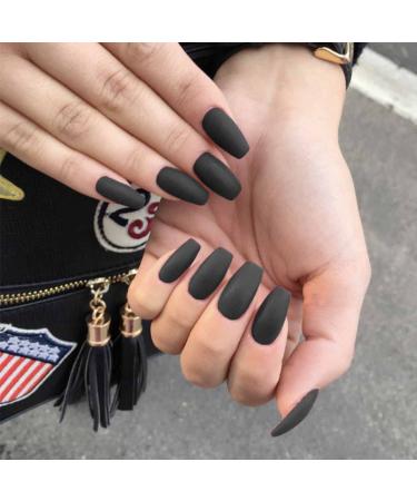 Bufenia Matt Ballerina Acrylic Fingernails - Black Coffin Press-On Nails for Women & Girls | 24 Pieces Medium Length - Buy Online on GoSupps.com