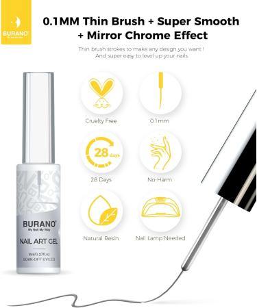 BURANO Liner Holographic Gel Nail Polish UV LED Reflective Glitter Painted Gel Silver Metallic Gel Nail Build in Thin Nail Brush Chrome Gel Curing Required 8ml (silver) LX0 - Buy Online on GoSupps.com