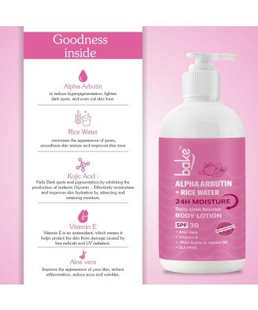 BAKE Rice Water Body Lotion with SPF 30 PA+++ | Alpha Arbutin & Vitamin E | Moisturizing Body Lotion | Helps Improve Skin Appearance | For Women & Men | 200 ml - Buy Online on GoSupps.com