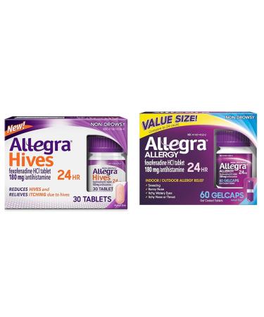 Allegra Hives Non-Drowsy Antihistamine Tablets 30-Count 24HR Hives Reduction & Itch Relief 180mg & Adult 24HR Non-Drowsy Antihistamine Gelcaps 60-Count Fast-Acting Allergy Symptom Relief 180 mg