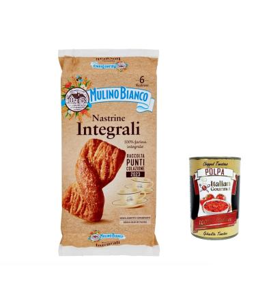 Italian Gourmet E.R. Mulino Bianco Nastrine Integrali Whole Grain Snacks 100% Whole Wheat Flour 240g + Italian Gourmet Polpa 400g (Pack of 6)