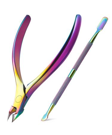 BEZOX Cuticle Clippers with Cuticle Pushers Set - Precise Cuticle Nipper and Under Nail Cleaner Kit for Salon or Home Use - Rainbow Stainless Steel Cuticle Tools