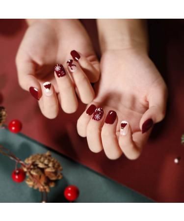 Bufenia 24Pcs Christmas Press on Nail Short Square Red Fake Nails Glitter Elk Snowflake False Nail Glossy Acrylic Full Cover Nails for Women and Girls (D)