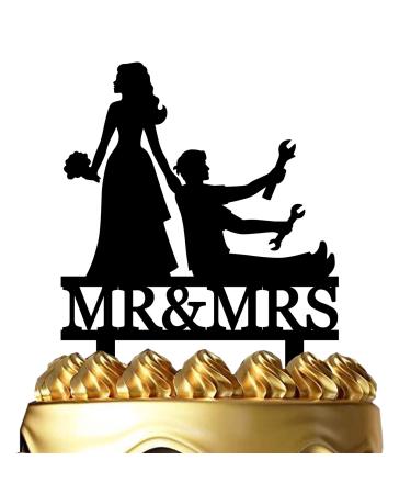 Funny Wedding Cake Topper - Bride Dragging Groom who is holding Repair Tools - Repairman Couple Cake Topper Mr&Mrs Wedding Cake Topper (Repairman Couple)