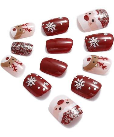 Vatocu Christmas False Nails - Short Red Press On Nails with Snowflakes, Elk, Snowman Design - 24pcs for Women and Girls - Buy Online on GoSupps.com