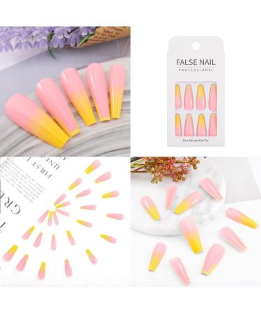 Sethexy Long Shiny Ballerina False Fingernails - French Coffin Acrylic Nail Tips (24pcs) - Yellow Complete Cover Press On Nails with Glue for Women & Girls - Buy Online on GoSupps.com
