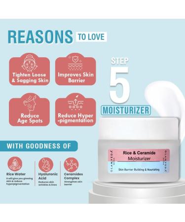 Korean Rice & Ceramide 6 Step Daily Skincare Routine For Women with Gift Box | Face wash Toner Serum Under eye cream Moisturizer & Sunscreen - Buy Online on GoSupps.com