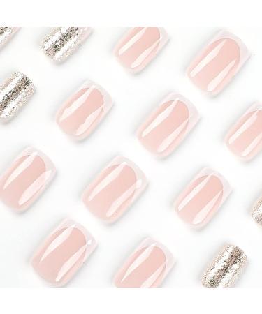 Glitter Acrylic French Tip Press On Nails - Square False Nails with Cute Designs - Medium White Full Cover Stick On Nails for Women - Manicure Decoration - Style 6 - Buy Online on GoSupps.com