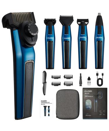 Beard & Body Hair Precision Trimmer Set with a Grooming kit 5-in-1 Hair Clipper with Interchangeable Heads Adjustable Cutting Length Nose Hair Trimmer Long-Lasting Battery Travel-Friendly