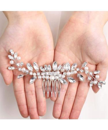 Brishow Silver Pearl Crystal Bride Wedding Hair Comb - Rhinestone Bridal Hair Accessories for Women and Girls - Buy Online on GoSupps.com
