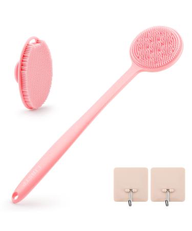 Pink Long Handled Silicone Body Scrubbers for Women - Double Sided Scrub Brush for Back Scrubbing and Showering with Hook