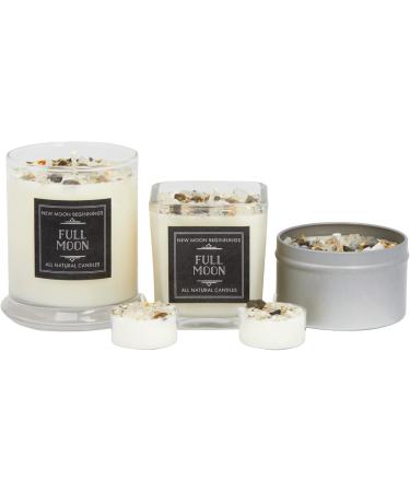 Full Moon Candle by New Moon Beginnings | Purification & Cleansing - Aromatherapy Soy Candle with Dried Flowers Herbs & Crystals - 8oz Metal Tin - Buy Online on GoSupps.com