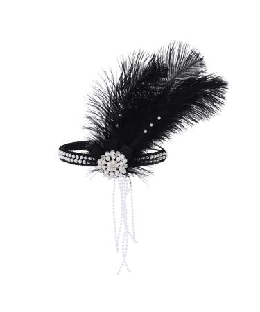 IYOU 1920s Flapper Headband Black Feather Great Gatsby Headpiece Pearl Tassel Vintage Festival Wedding Hair Accessories for Women