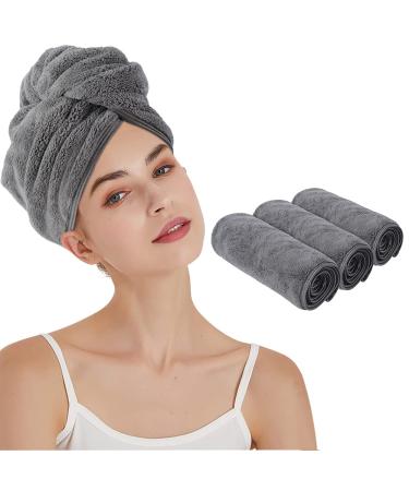 KinHwa Quick Dry Hair Towel for Women Super Absorbent Hair Drying Towel for Curly Long Thick Hair Anti-frizz Large Size 3 Pack Dark-Gray Dark Grey 3 Pack