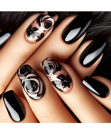 Black Press on Nails Medium Square Black Rose Nails Press ons Flower False Nails with Design Ombre Flat Fake Nails Glossy Black Stick on Nails for Women Summer Acrylic Full Cover Nails Kit 24Pcs style12