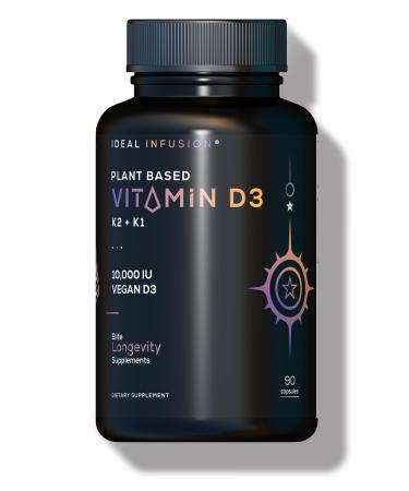 Ideal Infusion Plant Based Vitamin D3 + K2 + K1: Vegan D3 10 000iu - Patented Coconut MCT Powder for Max Absorption - Immune Support & Bone Structure (90 Servings) Burp-Free Capsules