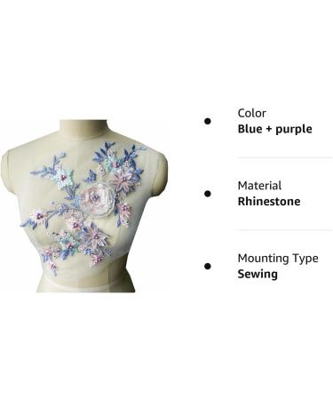 IXUEYU Lace Fabric 3D Flowers Appliques with Beads & Rhinestones - DIY Wedding Decor Dress Patch (Blue + Purple) - Buy Online on GoSupps.com