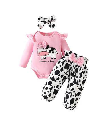 UUAISSO Baby Girls Clothes Cow Letter Print ruffled Long Sleeve Tops and Pants Infant Clothing Outfits Gifts 0-3 Months pink cow