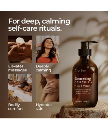 Gya Labs Destressing Massage Oil - Oils for Massage & Skin - Crafted with Lavender Rose Otto Rosewood Myrrh Jojoba & Argan Oils (200 ml) - Buy Online on GoSupps.com